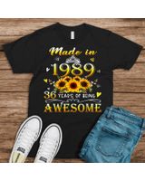 Made In 1989 Sunflower 36th B-day 36 Years Of Being Awesome Shirt Unisex Standard T-Shirt black s