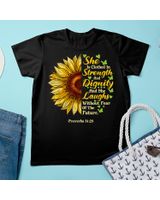 She Is Clothed Strength Dignity Laughs Bible Verse Sunflower Shirt Unisex Standard T-Shirt black s